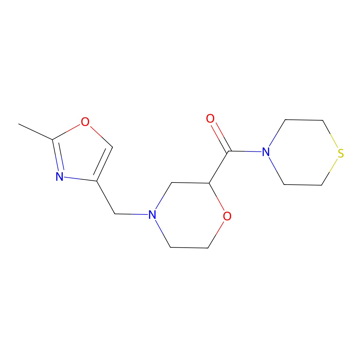 4-[(2-Methyl-1,3-oxazol-4-yl)methyl]-2-(thiomorpholine-4-carbonyl)morpholine molecular structure, CAS 2415492-07-6