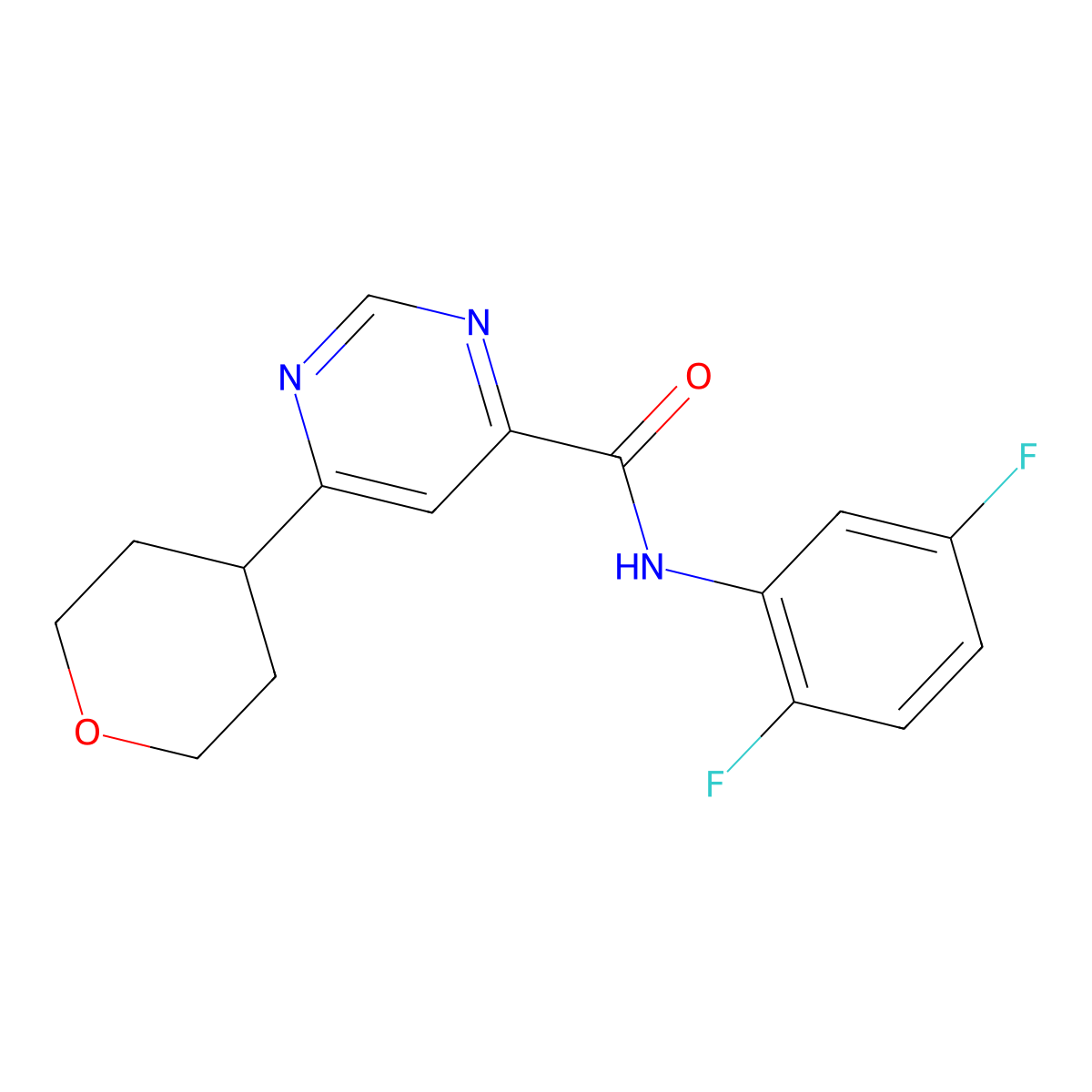 N-(2,5-Difluorophenyl)-6-(oxan-4-yl)pyrimidine-4-carboxamide molecular structure, CAS 2415492-10-1