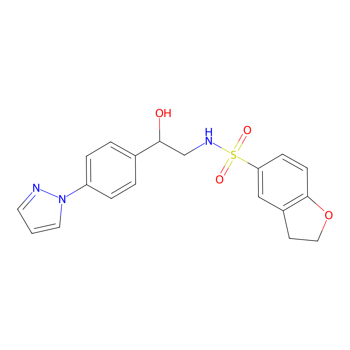 N-{2-hydroxy-2-[4-(1H-pyrazol-1-yl)phenyl]ethyl}-2,3-dihydro-1-benzofuran-5-sulfonamide molecular structure, CAS 2415492-13-4