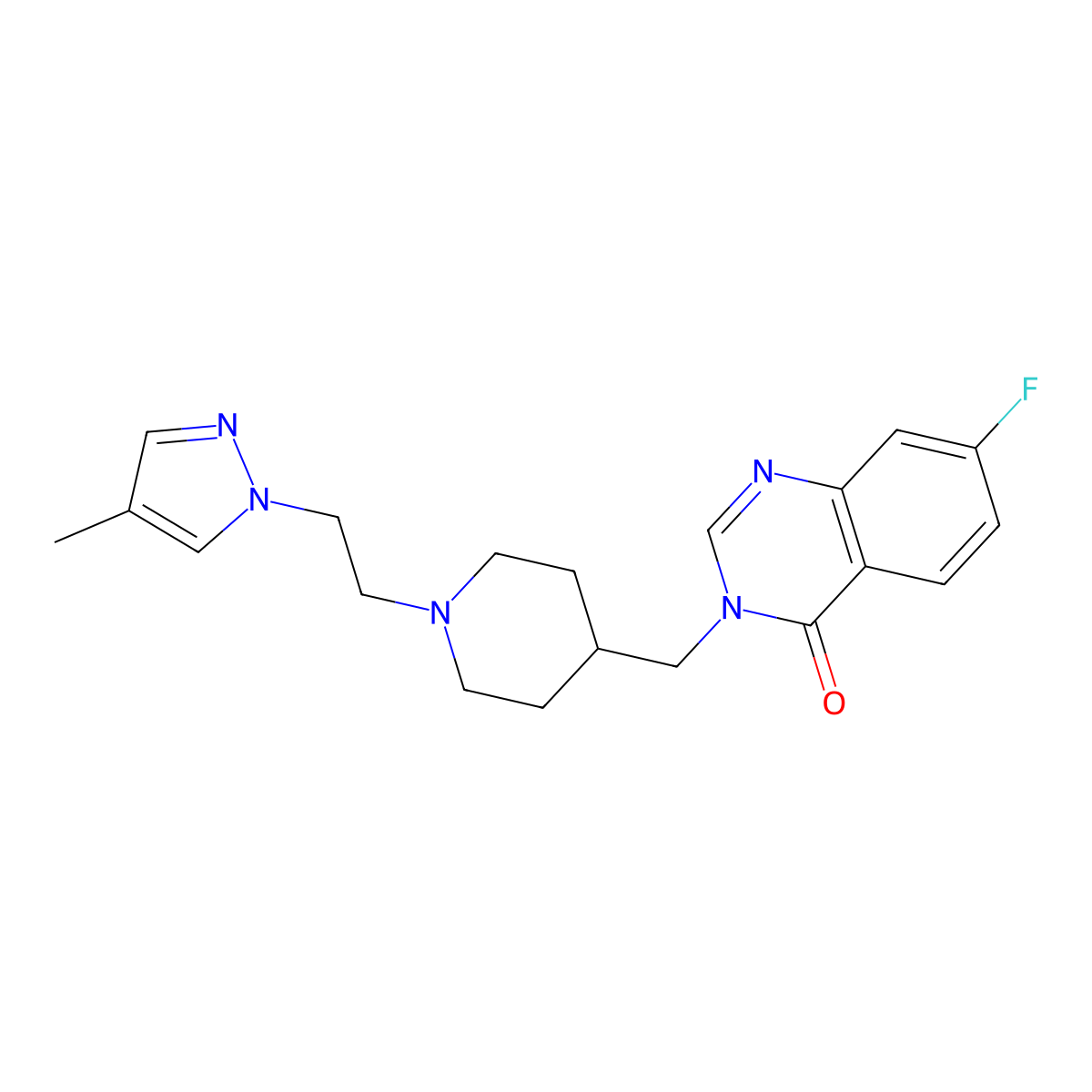 7-fluoro-3-({1-[2-(4-methyl-1H-pyrazol-1-yl)ethyl]piperidin-4-yl}methyl)-3,4-dihydroquinazolin-4-one molecular structure, CAS 2415492-15-6