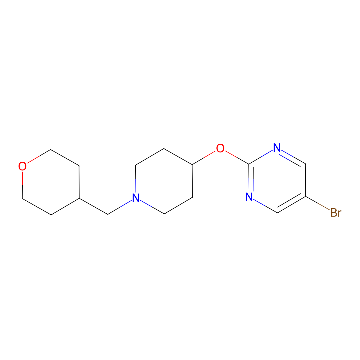 5-Bromo-2-({1-[(oxan-4-yl)methyl]piperidin-4-yl}oxy)pyrimidine molecular structure, CAS 2415492-19-0