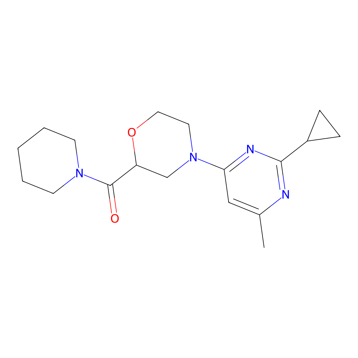 4-(2-Cyclopropyl-6-methylpyrimidin-4-yl)-2-(piperidine-1-carbonyl)morpholine molecular structure, CAS 2415492-26-9