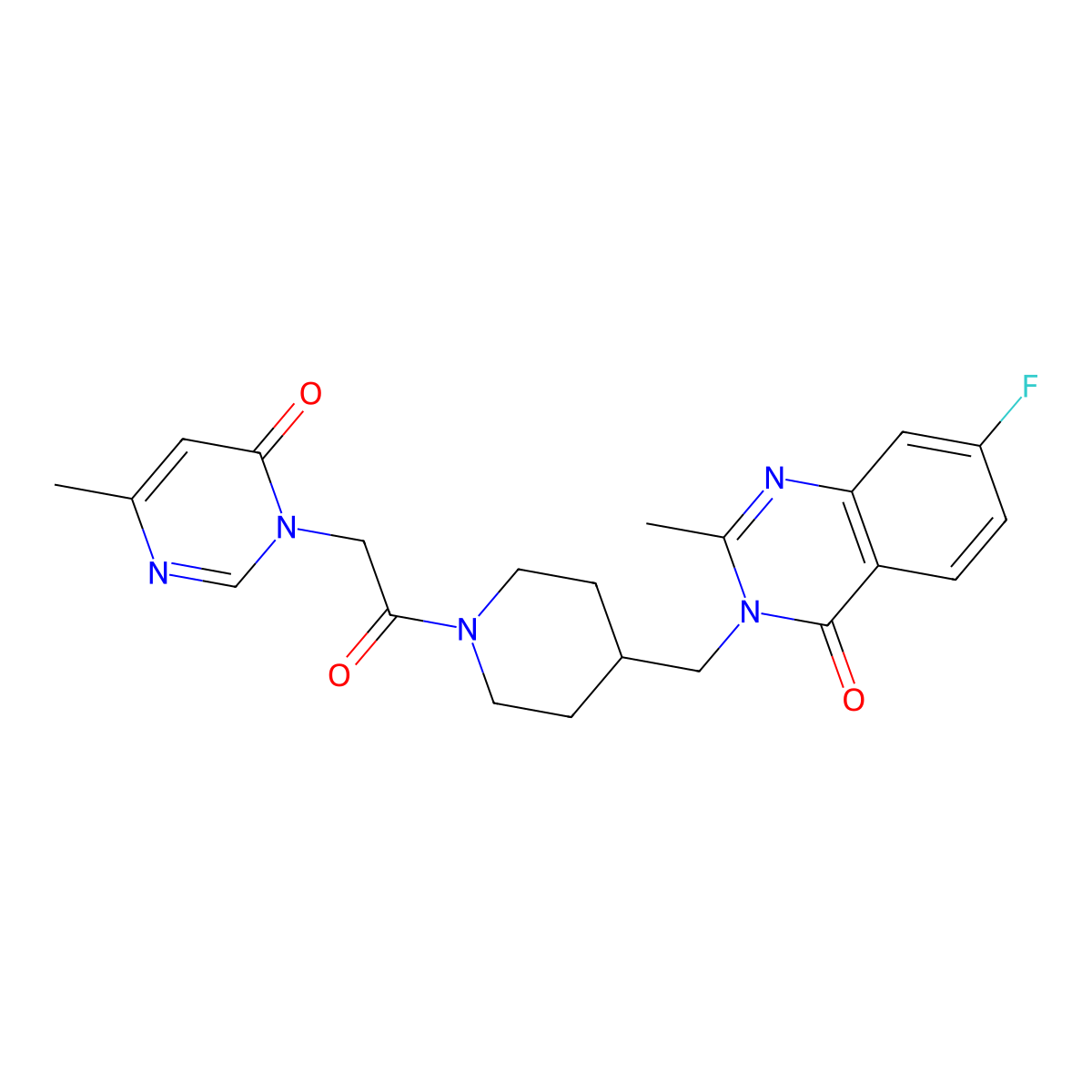 7-Fluoro-2-methyl-3-({1-[2-(4-methyl-6-oxo-1,6-dihydropyrimidin-1-yl)acetyl]piperidin-4-yl}methyl)-3,4-dihydroquinazolin-4-one molecular structure, CAS 2415492-28-1