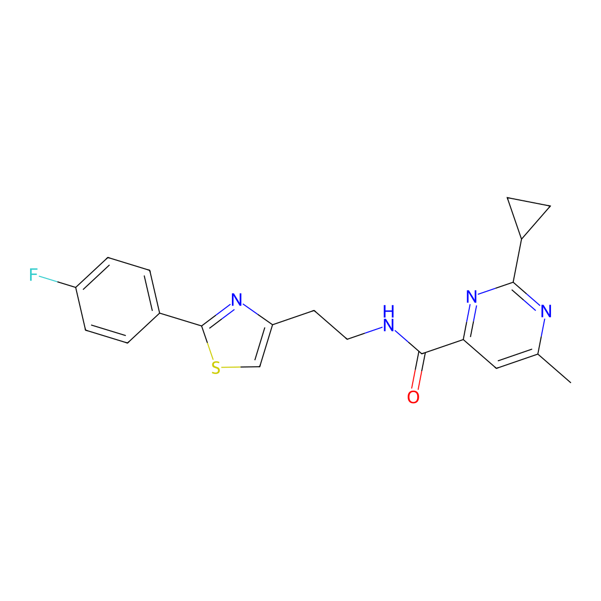 2-cyclopropyl-N-{2-[2-(4-fluorophenyl)-1,3-thiazol-4-yl]ethyl}-6-methylpyrimidine-4-carboxamide molecular structure, CAS 2415492-30-5