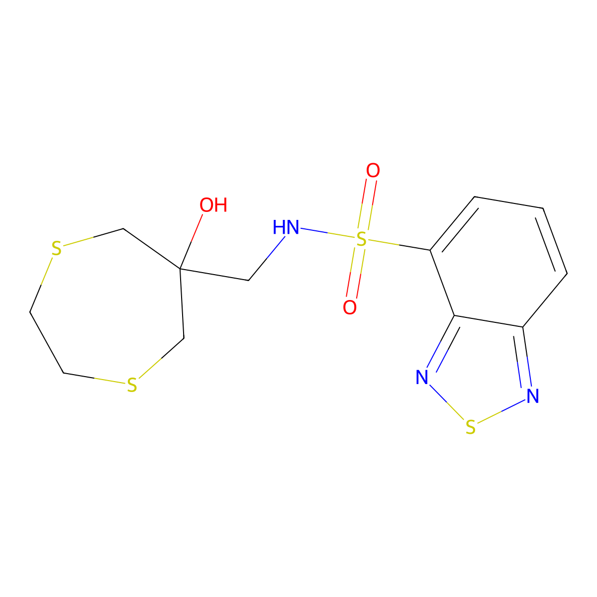 N-[(6-Hydroxy-1,4-dithiepan-6-yl)methyl]-2,1,3-benzothiadiazole-4-sulfonamide molecular structure, CAS 2415492-32-7