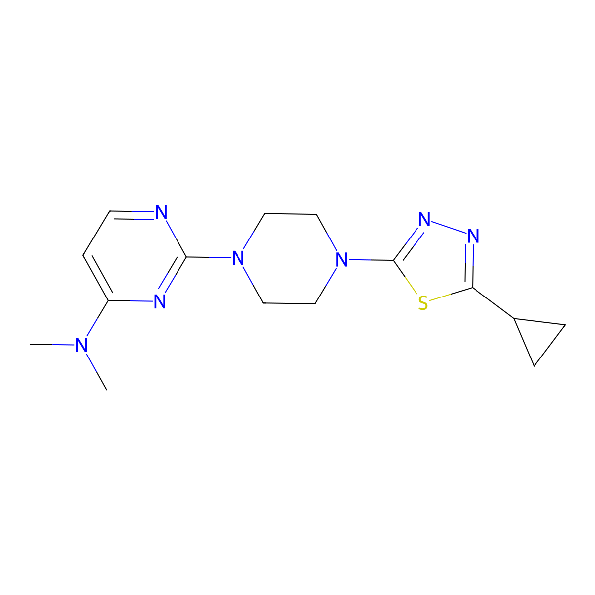 2-[4-(5-Cyclopropyl-1,3,4-thiadiazol-2-yl)piperazin-1-yl]-N,N-dimethylpyrimidin-4-amine molecular structure, CAS 2415492-35-0