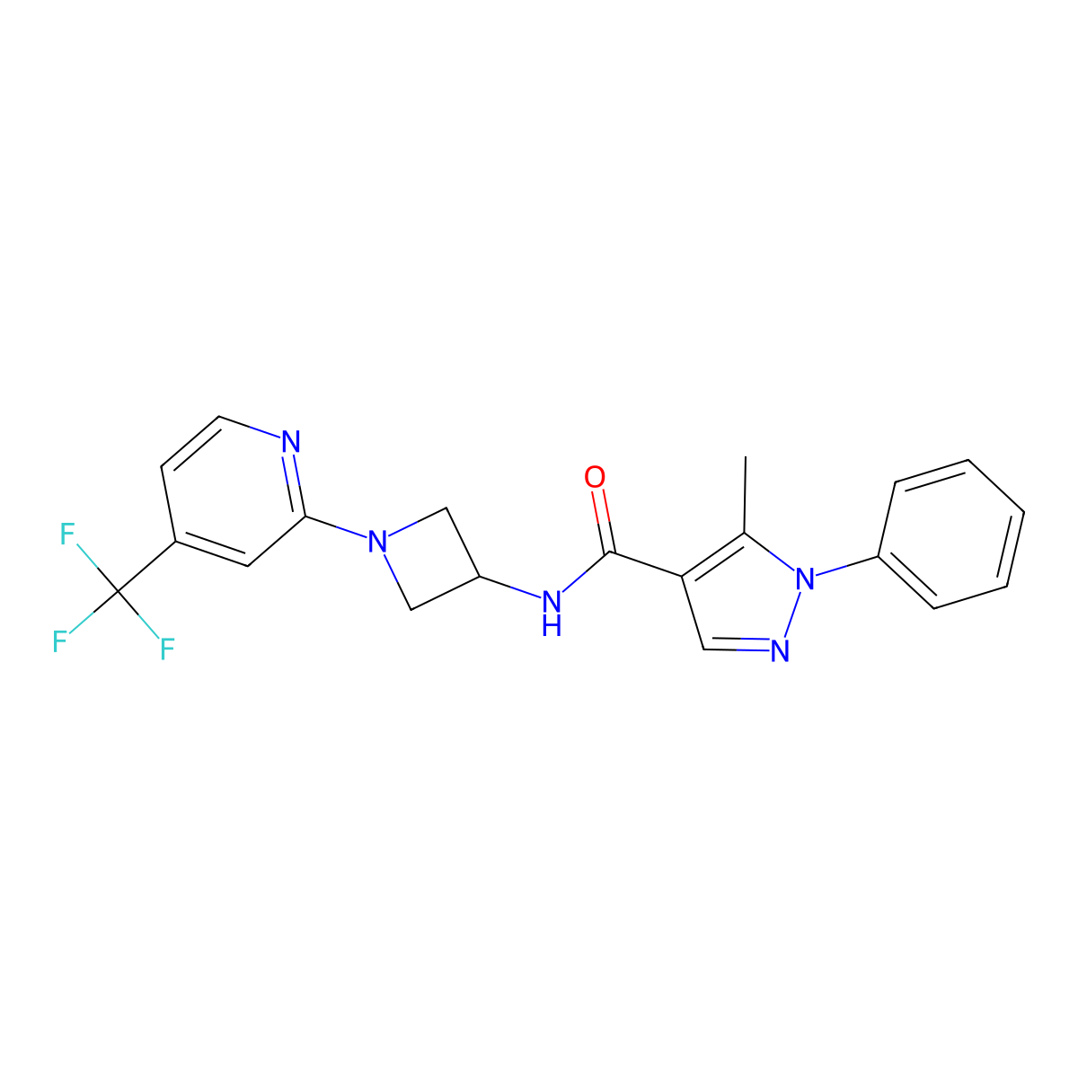 5-methyl-1-phenyl-N-{1-[4-(trifluoromethyl)pyridin-2-yl]azetidin-3-yl}-1H-pyrazole-4-carboxamide molecular structure, CAS 2415499-32-8