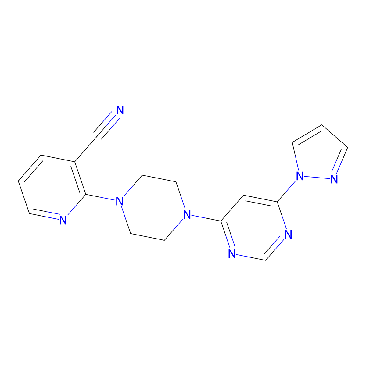 2-{4-[6-(1H-pyrazol-1-yl)pyrimidin-4-yl]piperazin-1-yl}pyridine-3-carbonitrile molecular structure, CAS 2415499-36-2