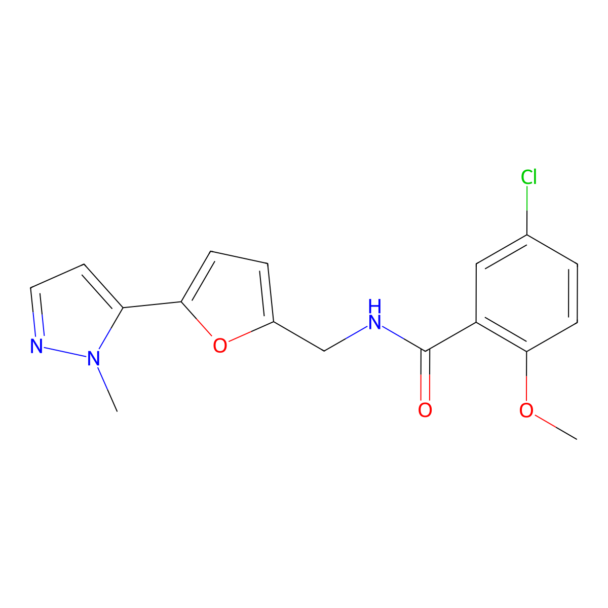 5-chloro-2-methoxy-N-{[5-(1-methyl-1H-pyrazol-5-yl)furan-2-yl]methyl}benzamide molecular structure, CAS 2415499-47-5