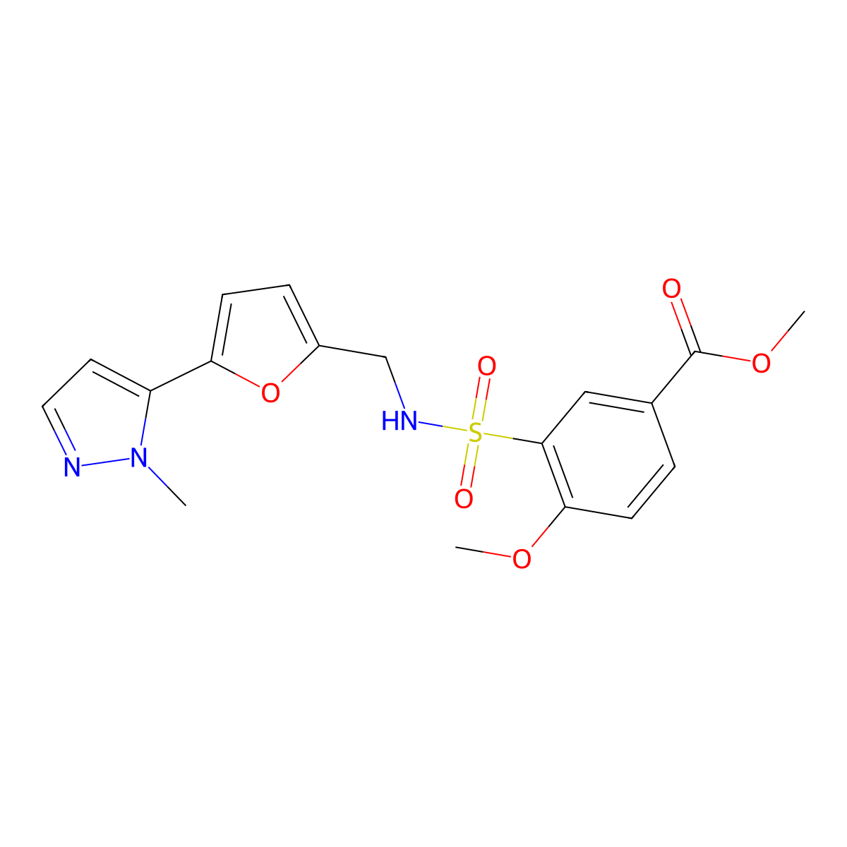 methyl 4-methoxy-3-({[5-(1-methyl-1H-pyrazol-5-yl)furan-2-yl]methyl}sulfamoyl)benzoate molecular structure, CAS 2415499-49-7
