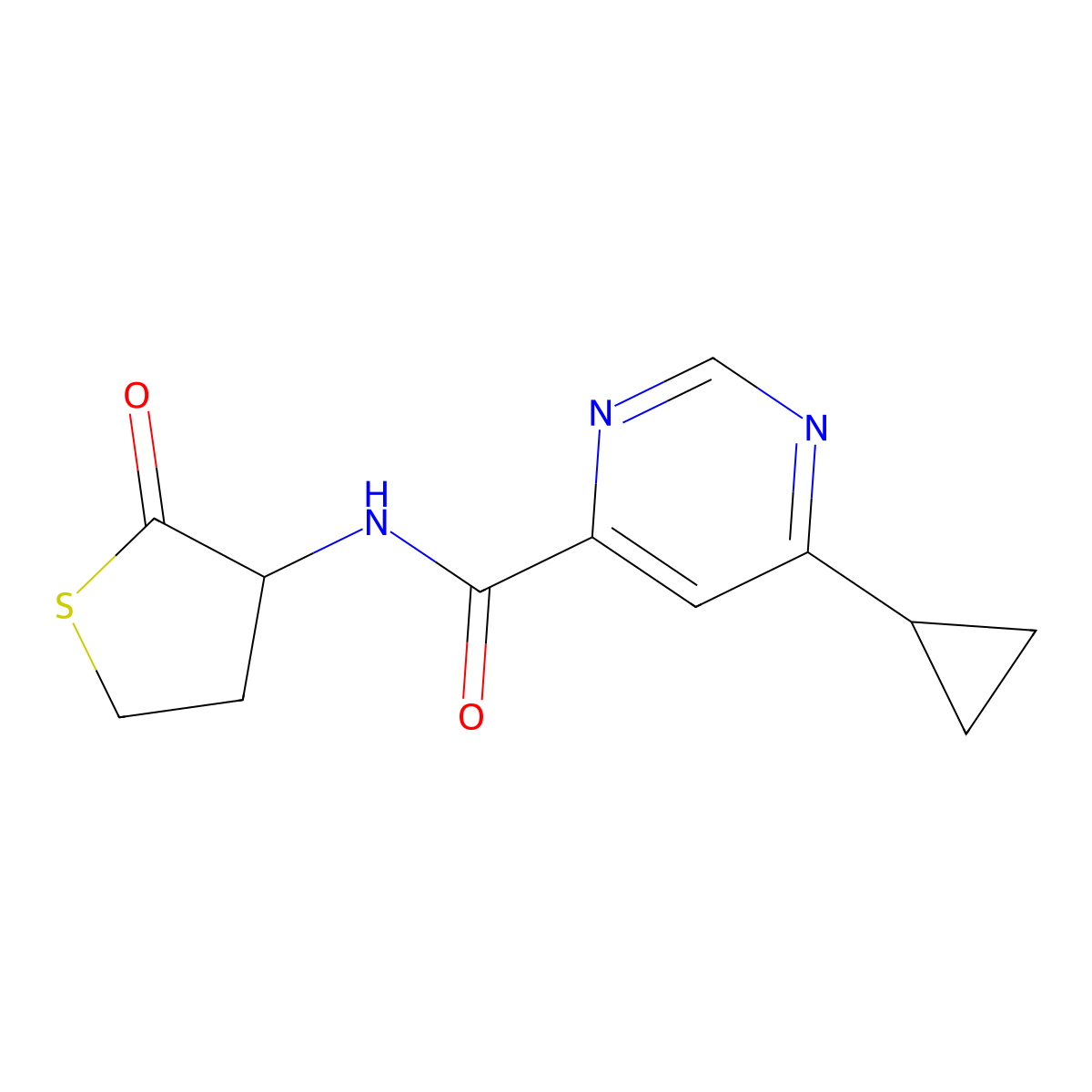 6-Cyclopropyl-N-(2-oxothiolan-3-yl)pyrimidine-4-carboxamide molecular structure, CAS 2415499-60-2