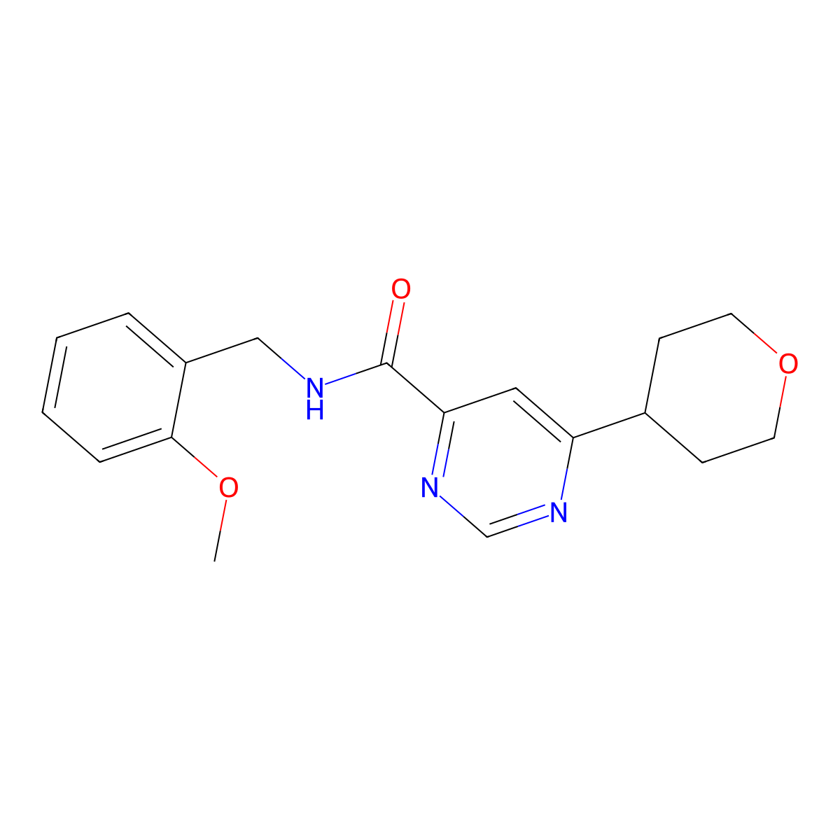N-[(2-Methoxyphenyl)methyl]-6-(oxan-4-yl)pyrimidine-4-carboxamide molecular structure, CAS 2415499-68-0