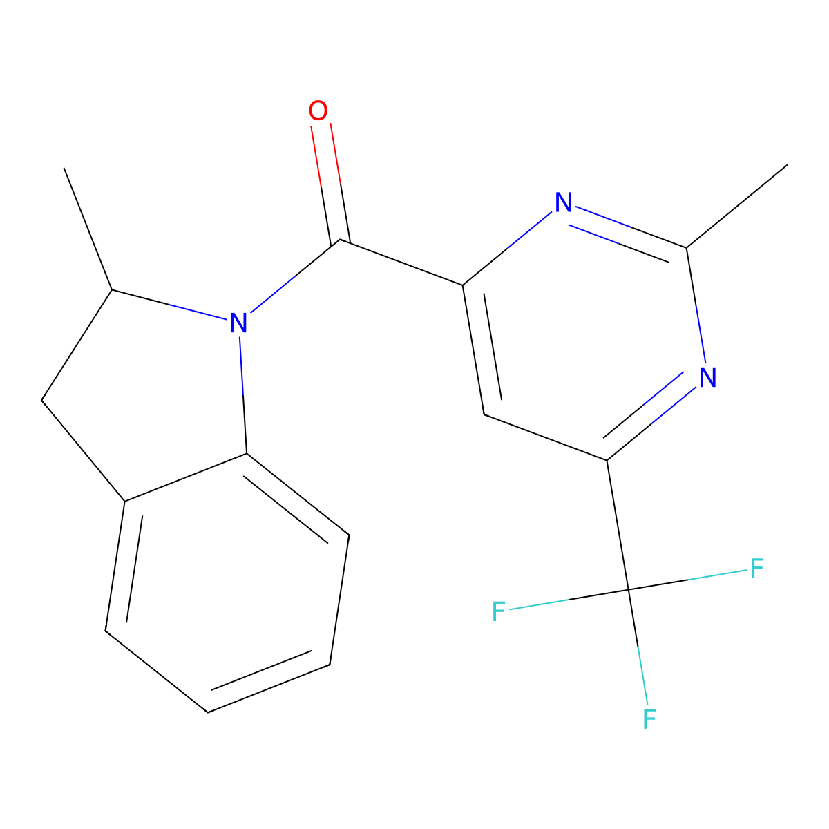 2-methyl-1-[2-methyl-6-(trifluoromethyl)pyrimidine-4-carbonyl]-2,3-dihydro-1H-indole molecular structure, CAS 2415499-70-4