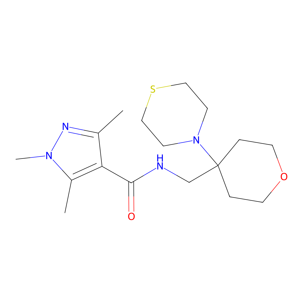 1,3,5-trimethyl-N-{[4-(thiomorpholin-4-yl)oxan-4-yl]methyl}-1H-pyrazole-4-carboxamide molecular structure, CAS 2415499-71-5