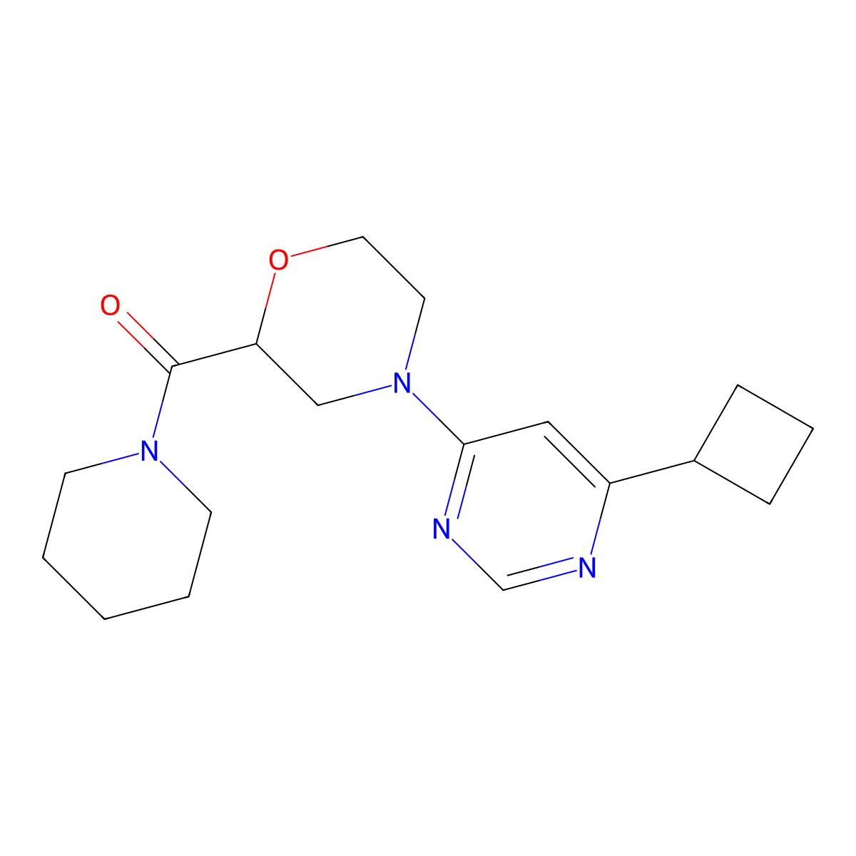 4-(6-Cyclobutylpyrimidin-4-yl)-2-(piperidine-1-carbonyl)morpholine molecular structure, CAS 2415499-77-1