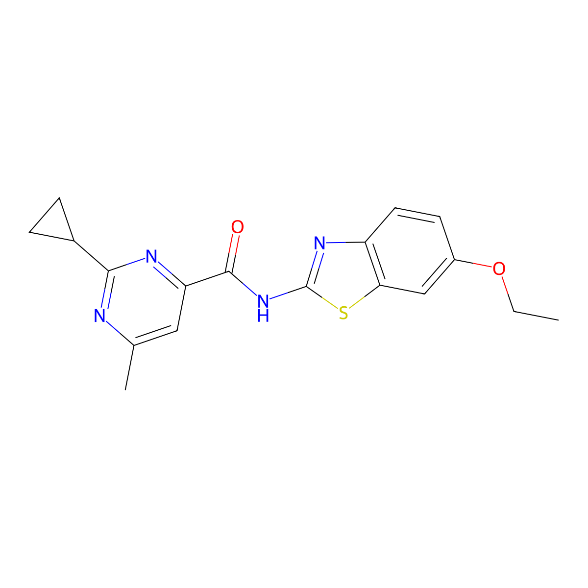 2-Cyclopropyl-N-(6-ethoxy-1,3-benzothiazol-2-yl)-6-methylpyrimidine-4-carboxamide molecular structure, CAS 2415499-84-0