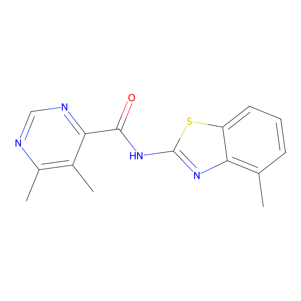 5,6-Dimethyl-N-(4-methyl-1,3-benzothiazol-2-yl)pyrimidine-4-carboxamide molecular structure, CAS 2415499-91-9