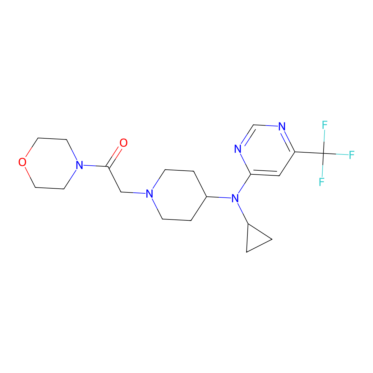 2-(4-{Cyclopropyl[6-(trifluoromethyl)pyrimidin-4-yl]amino}piperidin-1-yl)-1-(morpholin-4-yl)ethan-1-one molecular structure, CAS 2415499-94-2