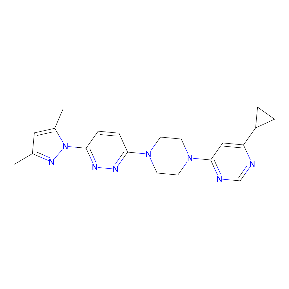 3-[4-(6-cyclopropylpyrimidin-4-yl)piperazin-1-yl]-6-(3,5-dimethyl-1H-pyrazol-1-yl)pyridazine molecular structure, CAS 2415500-04-6