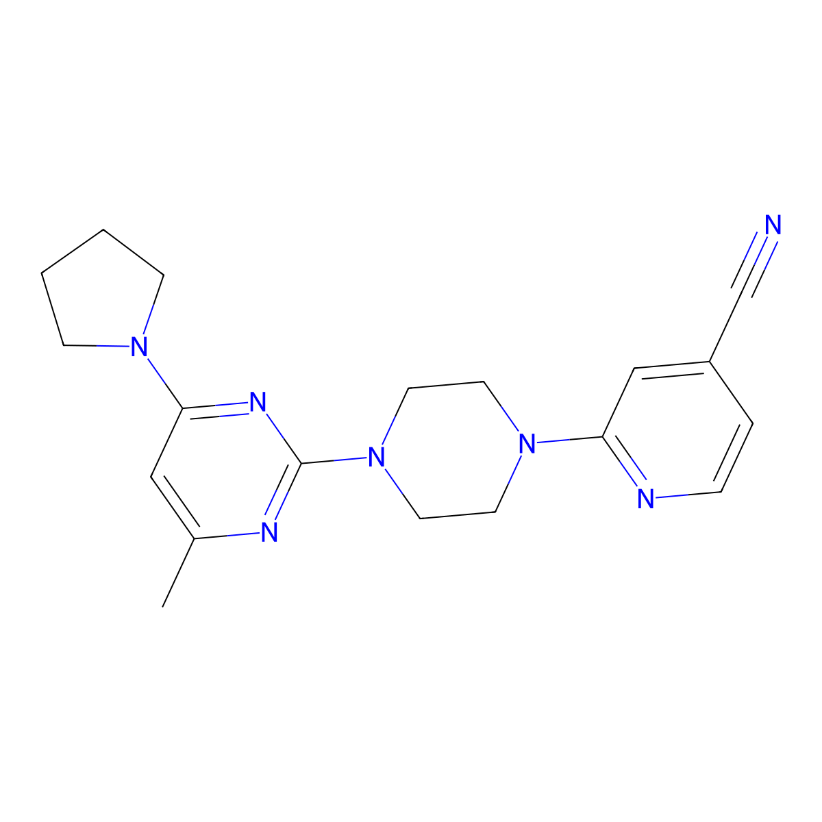 2-{4-[4-Methyl-6-(pyrrolidin-1-yl)pyrimidin-2-yl]piperazin-1-yl}pyridine-4-carbonitrile molecular structure, CAS 2415500-10-4