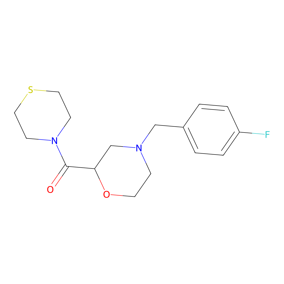 4-[(4-Fluorophenyl)methyl]-2-(thiomorpholine-4-carbonyl)morpholine molecular structure, CAS 2415500-14-8