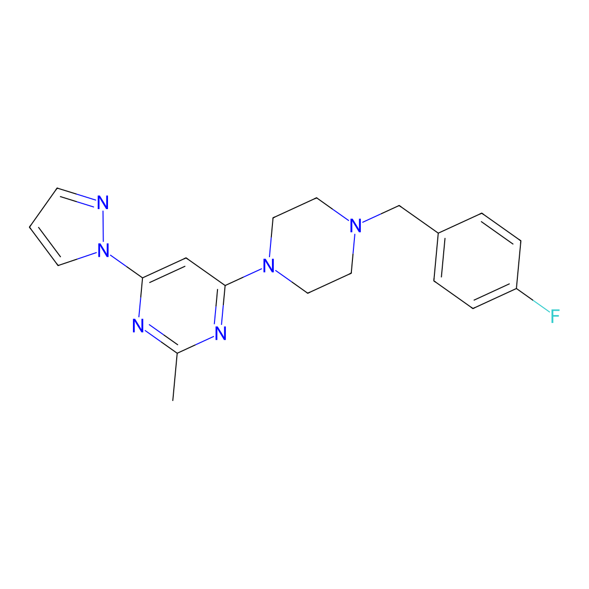 4-{4-[(4-fluorophenyl)methyl]piperazin-1-yl}-2-methyl-6-(1H-pyrazol-1-yl)pyrimidine molecular structure, CAS 2415500-16-0
