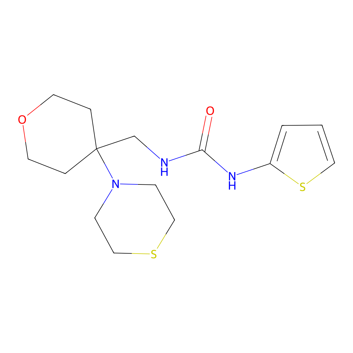 1-{[4-(Thiomorpholin-4-yl)oxan-4-yl]methyl}-3-(thiophen-2-yl)urea molecular structure, CAS 2415500-19-3