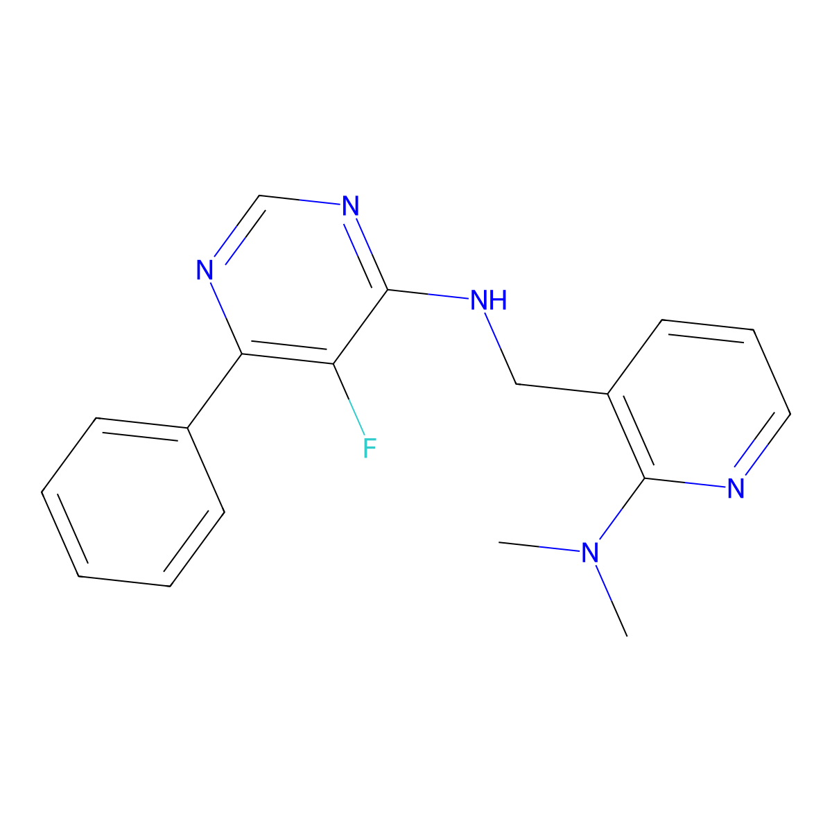 N-{[2-(dimethylamino)pyridin-3-yl]methyl}-5-fluoro-6-phenylpyrimidin-4-amine molecular structure, CAS 2415500-32-0