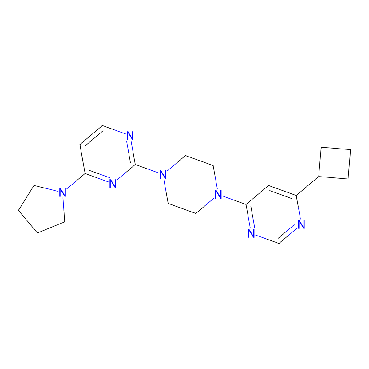 2-[4-(6-Cyclobutylpyrimidin-4-yl)piperazin-1-yl]-4-(pyrrolidin-1-yl)pyrimidine molecular structure, CAS 2415500-34-2