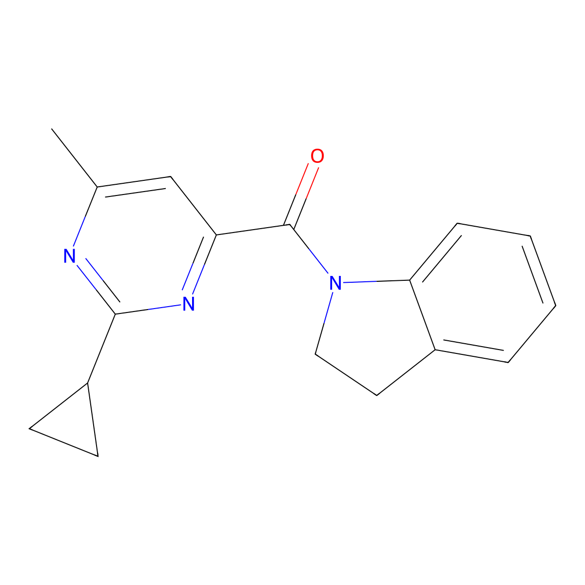 1-(2-cyclopropyl-6-methylpyrimidine-4-carbonyl)-2,3-dihydro-1H-indole molecular structure, CAS 2415500-36-4