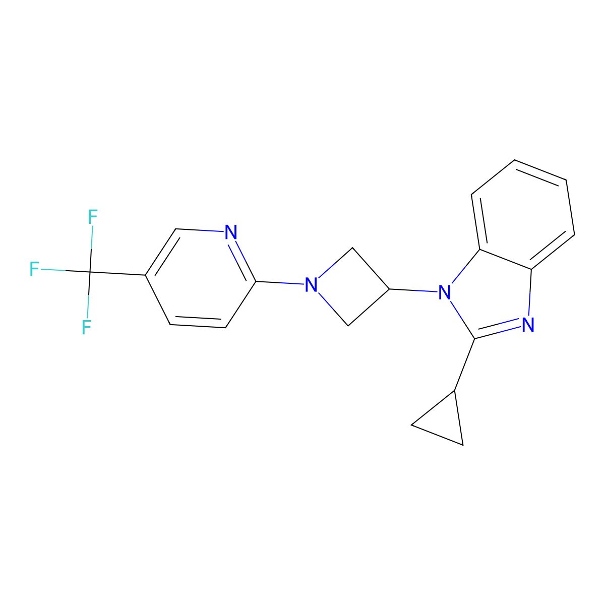 2-cyclopropyl-1-{1-[5-(trifluoromethyl)pyridin-2-yl]azetidin-3-yl}-1H-1,3-benzodiazole molecular structure, CAS 2415500-38-6