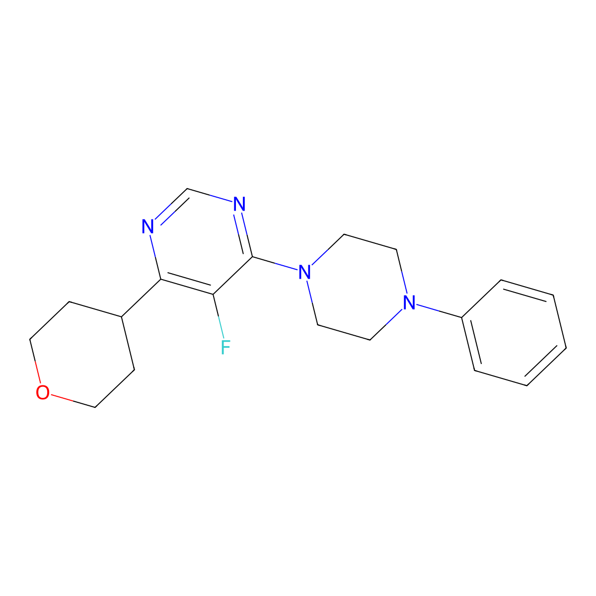 5-Fluoro-4-(oxan-4-yl)-6-(4-phenylpiperazin-1-yl)pyrimidine molecular structure, CAS 2415500-60-4