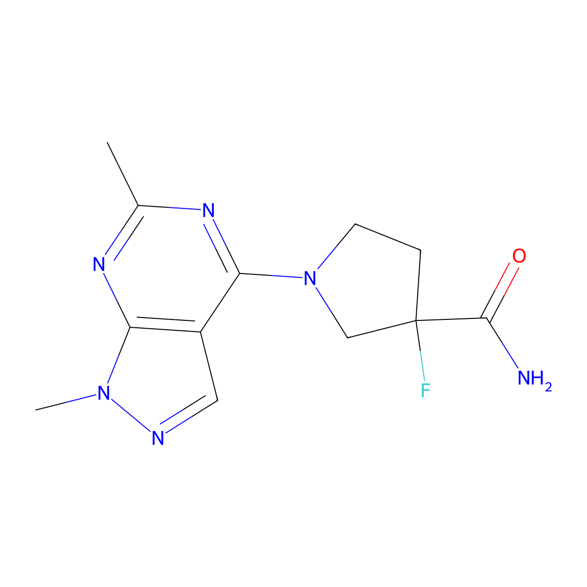 1-{1,6-dimethyl-1H-pyrazolo[3,4-d]pyrimidin-4-yl}-3-fluoropyrrolidine-3-carboxamide molecular structure, CAS 2415500-62-6