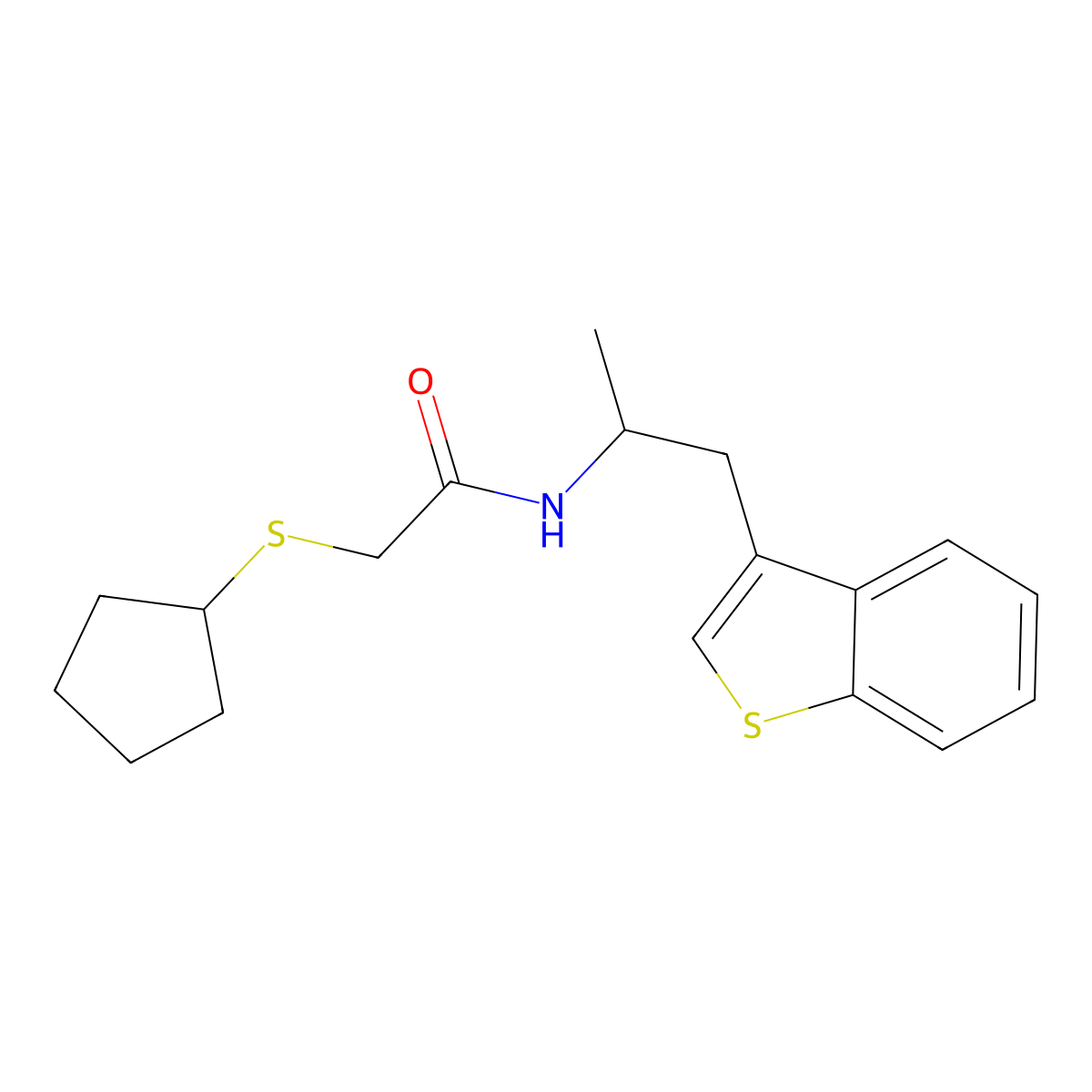 N-[1-(1-benzothiophen-3-yl)propan-2-yl]-2-(cyclopentylsulfanyl)acetamide molecular structure, CAS 2415500-84-2