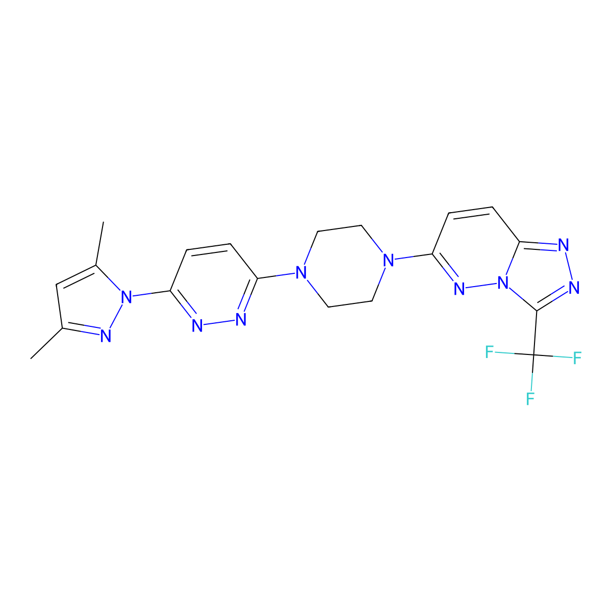 3-(3,5-dimethyl-1H-pyrazol-1-yl)-6-{4-[3-(trifluoromethyl)-[1,2,4]triazolo[4,3-b]pyridazin-6-yl]piperazin-1-yl}pyridazine molecular structure, CAS 2415500-90-0