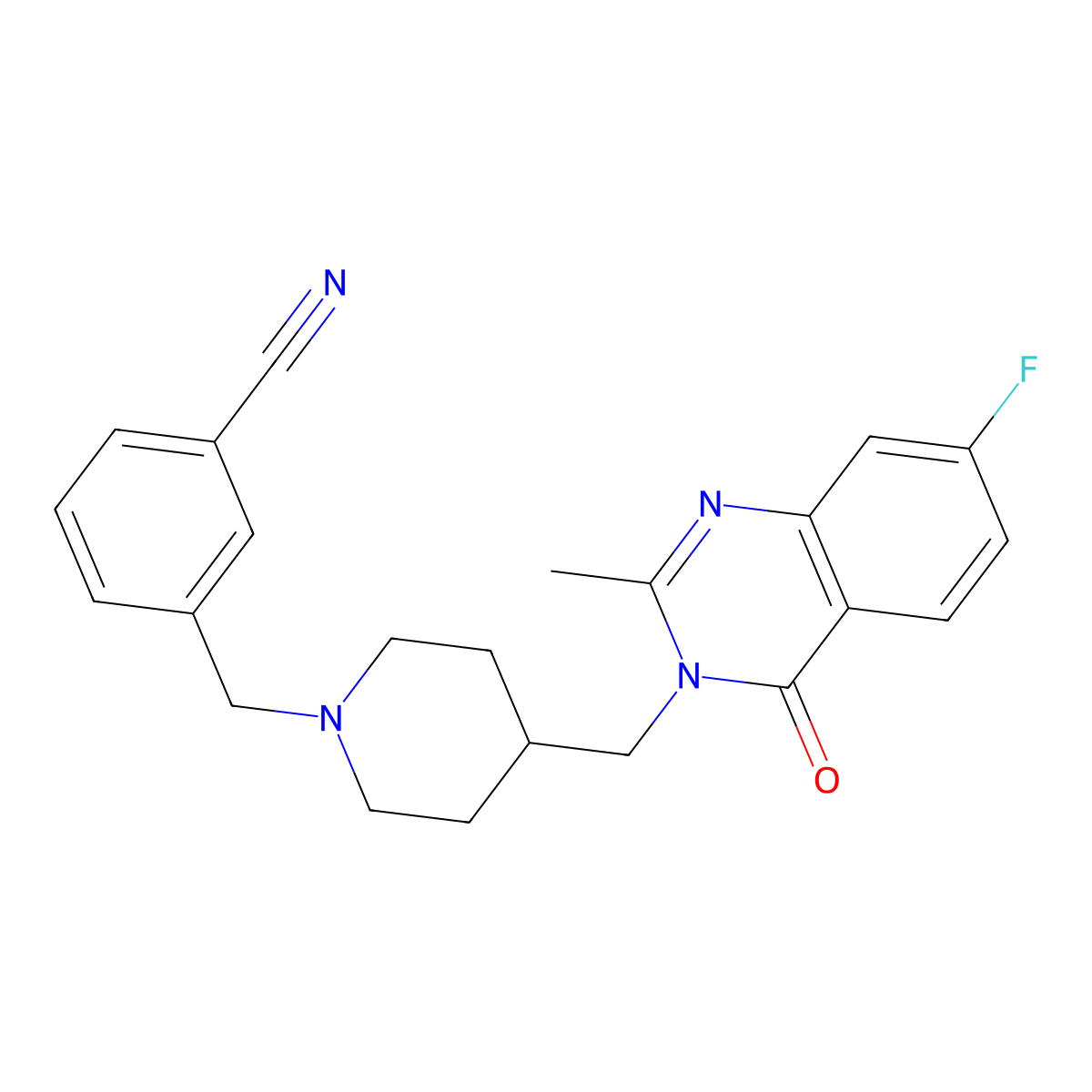 3-({4-[(7-Fluoro-2-methyl-4-oxo-3,4-dihydroquinazolin-3-yl)methyl]piperidin-1-yl}methyl)benzonitrile molecular structure, CAS 2415500-96-6