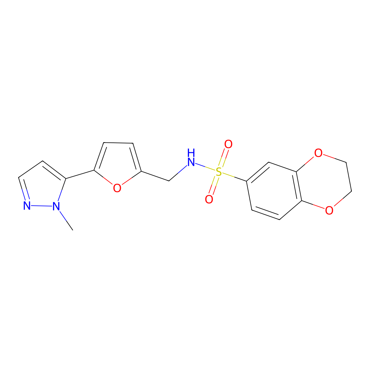 N-{[5-(1-methyl-1H-pyrazol-5-yl)furan-2-yl]methyl}-2,3-dihydro-1,4-benzodioxine-6-sulfonamide molecular structure, CAS 2415500-97-7