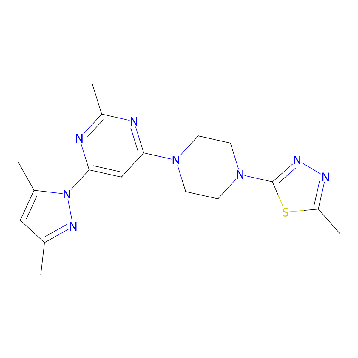 4-(3,5-dimethyl-1H-pyrazol-1-yl)-2-methyl-6-[4-(5-methyl-1,3,4-thiadiazol-2-yl)piperazin-1-yl]pyrimidine molecular structure, CAS 2415501-01-6