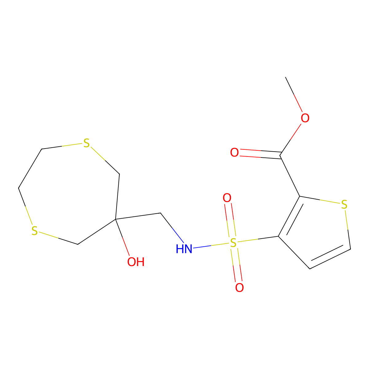 Methyl 3-{[(6-hydroxy-1,4-dithiepan-6-yl)methyl]sulfamoyl}thiophene-2-carboxylate molecular structure, CAS 2415501-09-4