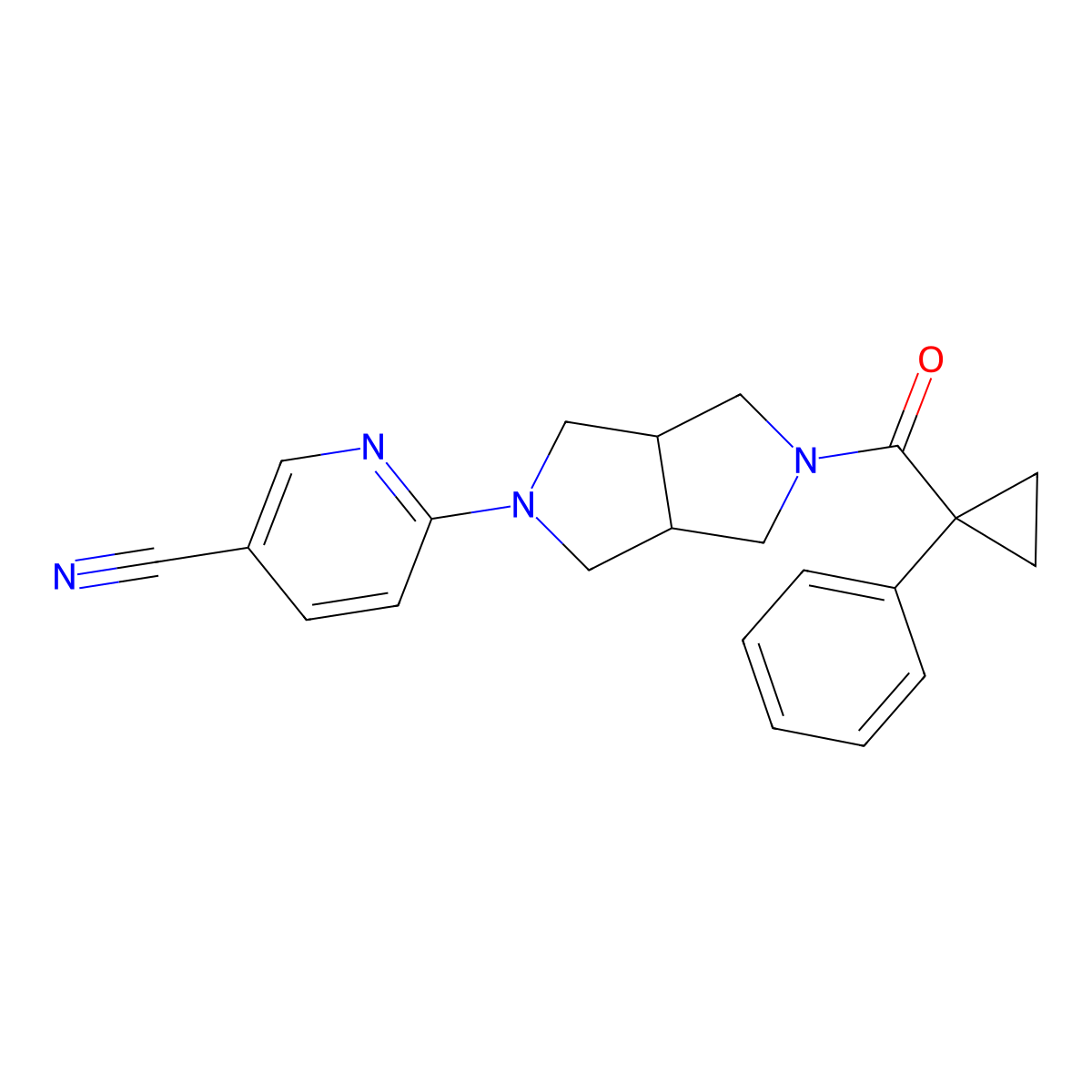 6-[5-(1-Phenylcyclopropanecarbonyl)-octahydropyrrolo[3,4-c]pyrrol-2-yl]pyridine-3-carbonitrile molecular structure, CAS 2415501-14-1