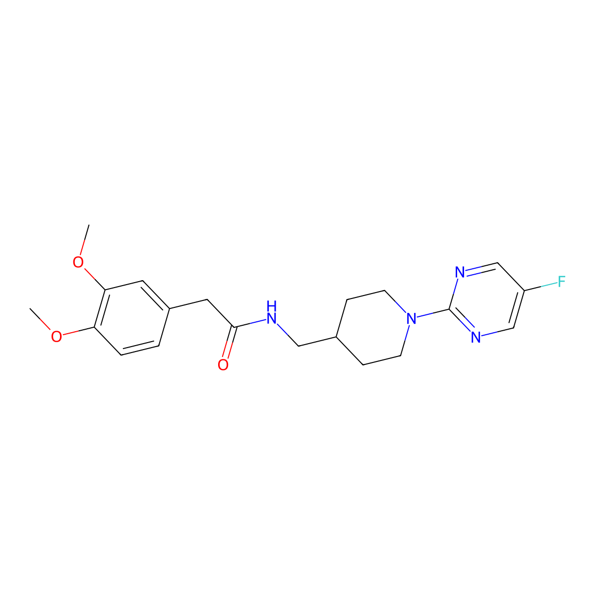 2-(3,4-dimethoxyphenyl)-N-{[1-(5-fluoropyrimidin-2-yl)piperidin-4-yl]methyl}acetamide molecular structure, CAS 2415501-20-9