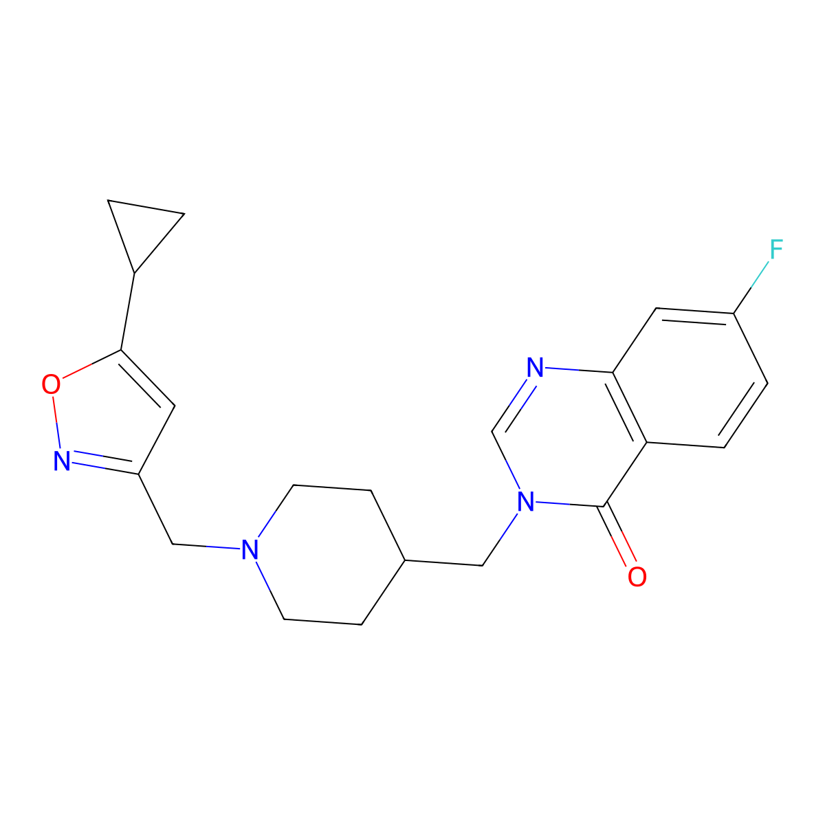 3-({1-[(5-Cyclopropyl-1,2-oxazol-3-yl)methyl]piperidin-4-yl}methyl)-7-fluoro-3,4-dihydroquinazolin-4-one molecular structure, CAS 2415501-21-0