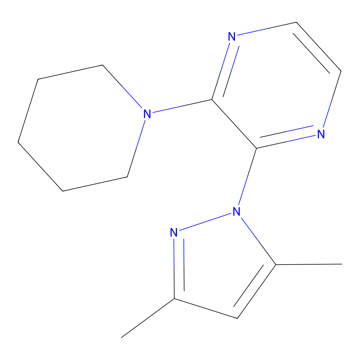 2-(3,5-dimethyl-1H-pyrazol-1-yl)-3-(piperidin-1-yl)pyrazine molecular structure, CAS 2415501-37-8