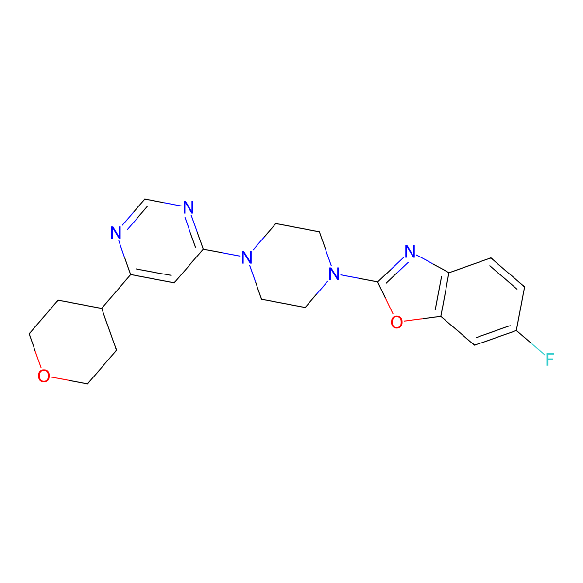 6-Fluoro-2-{4-[6-(oxan-4-yl)pyrimidin-4-yl]piperazin-1-yl}-1,3-benzoxazole molecular structure, CAS 2415501-42-5