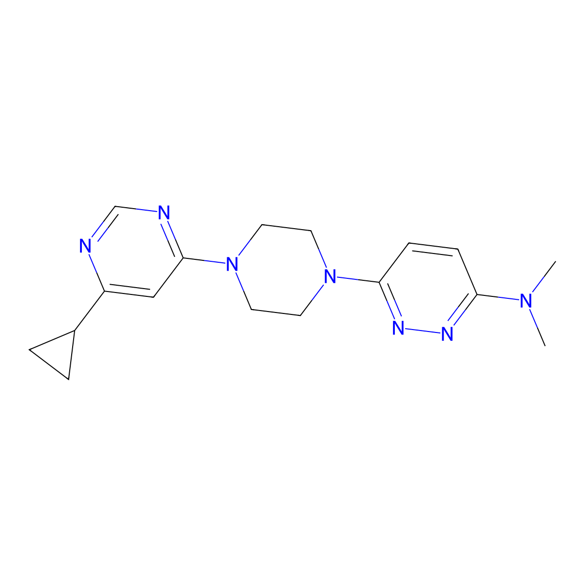 6-[4-(6-Cyclopropylpyrimidin-4-yl)piperazin-1-yl]-N,N-dimethylpyridazin-3-amine molecular structure, CAS 2415501-57-2