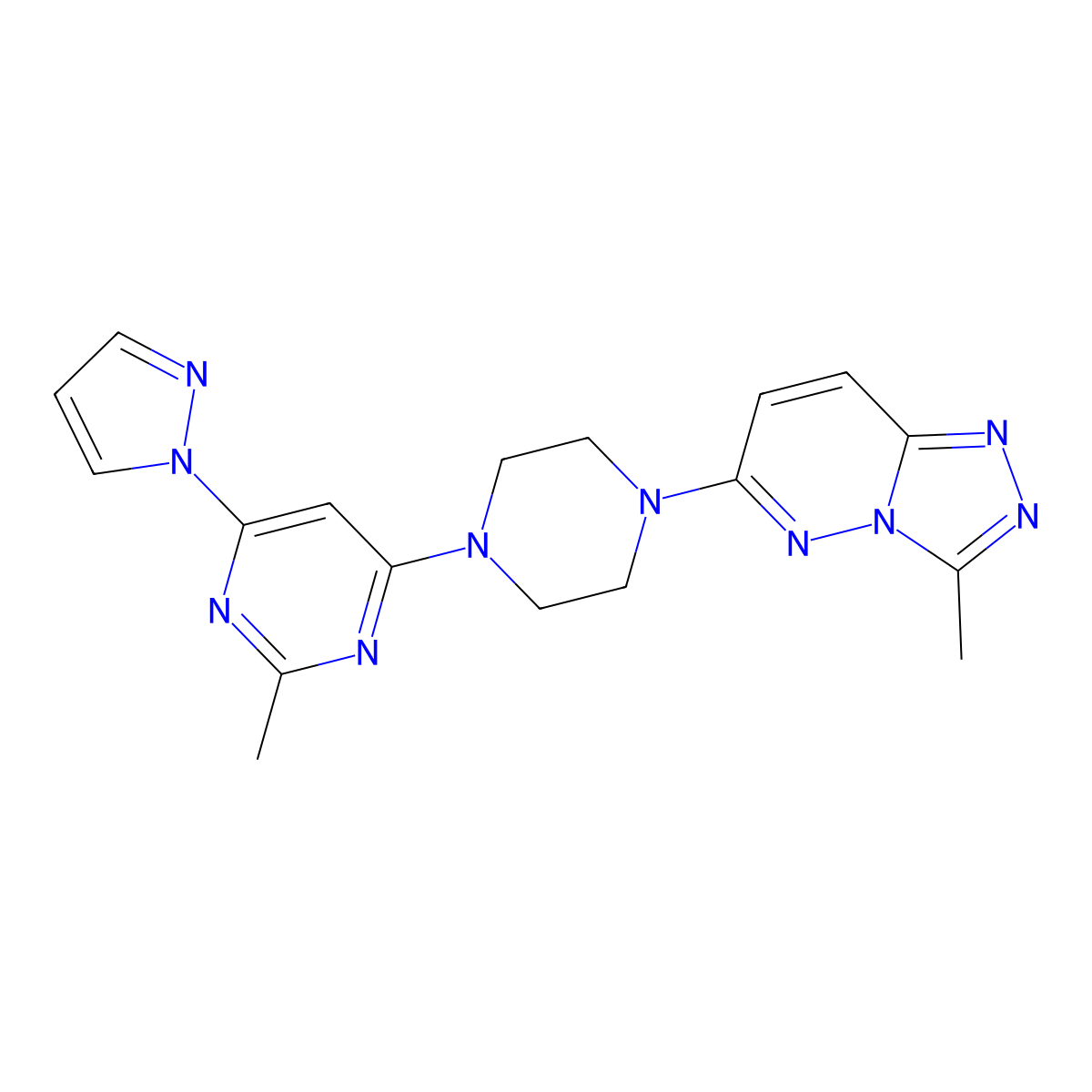 2-methyl-4-(4-{3-methyl-[1,2,4]triazolo[4,3-b]pyridazin-6-yl}piperazin-1-yl)-6-(1H-pyrazol-1-yl)pyrimidine molecular structure, CAS 2415501-63-0