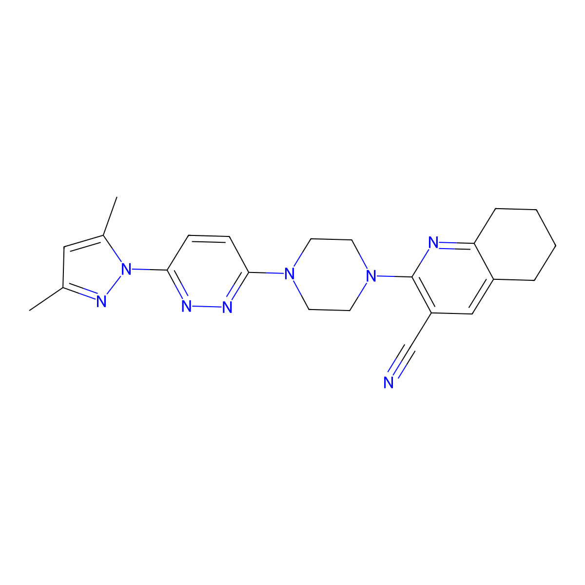 2-{4-[6-(3,5-dimethyl-1H-pyrazol-1-yl)pyridazin-3-yl]piperazin-1-yl}-5,6,7,8-tetrahydroquinoline-3-carbonitrile molecular structure, CAS 2415501-69-6
