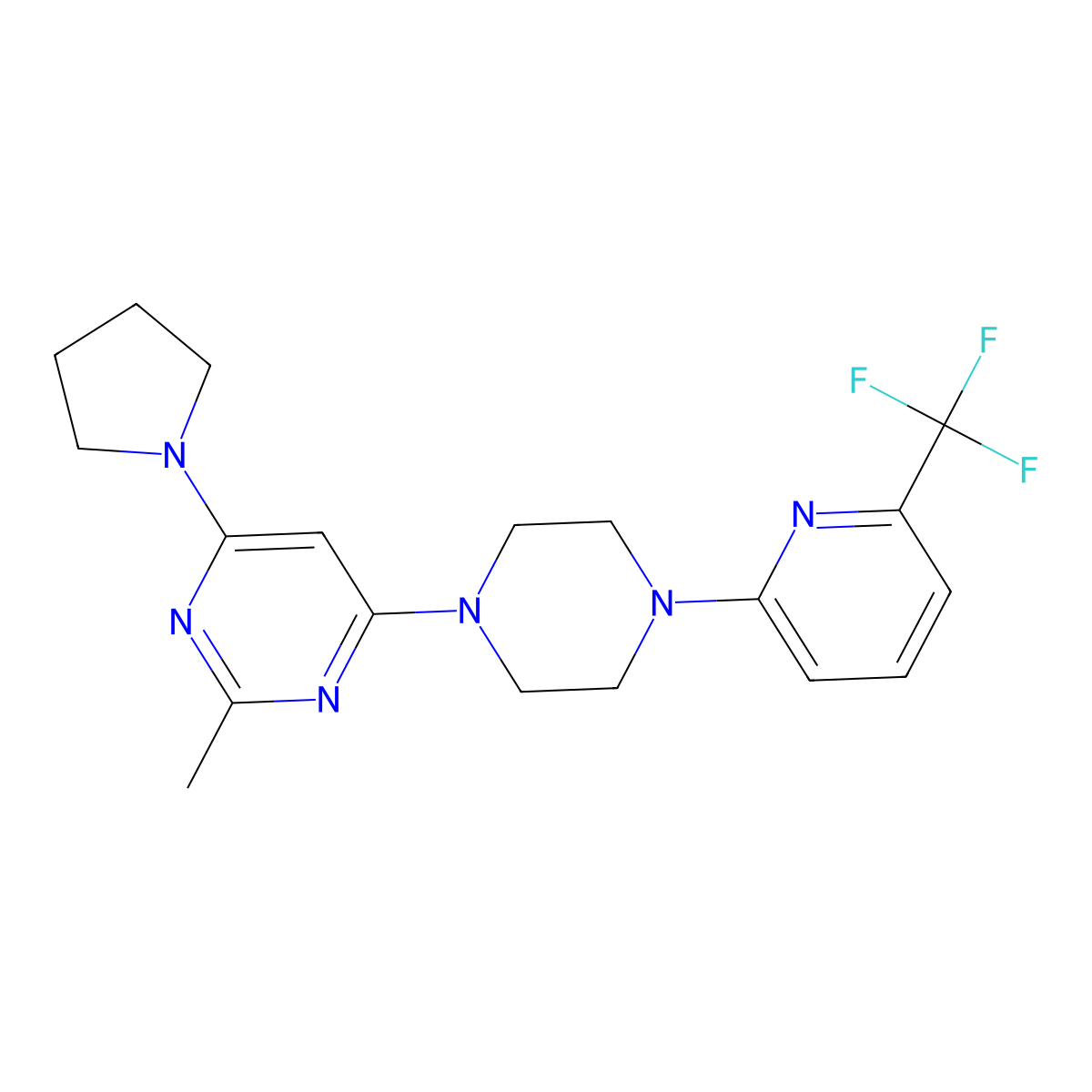 2-Methyl-4-(pyrrolidin-1-yl)-6-{4-[6-(trifluoromethyl)pyridin-2-yl]piperazin-1-yl}pyrimidine molecular structure, CAS 2415501-73-2