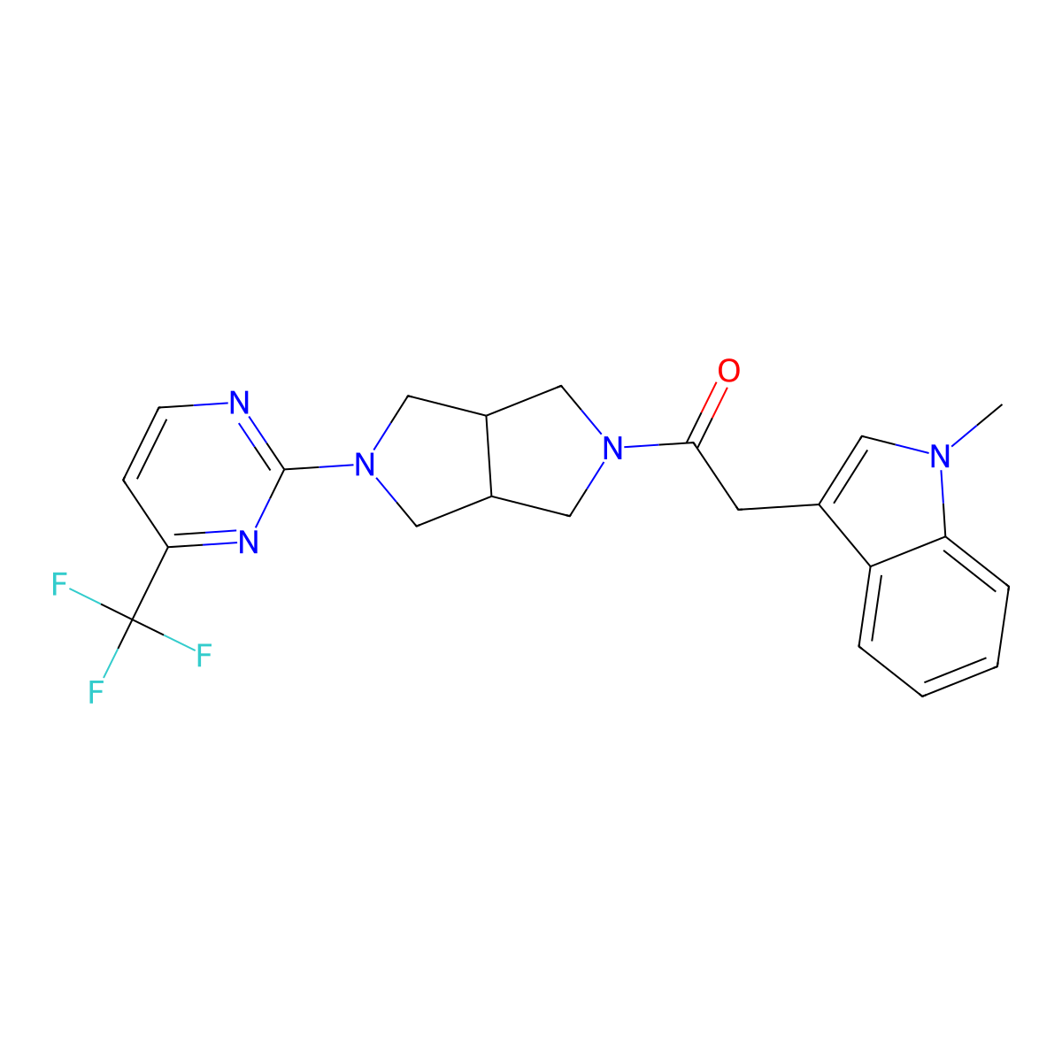 2-(1-methyl-1H-indol-3-yl)-1-{5-[4-(trifluoromethyl)pyrimidin-2-yl]-octahydropyrrolo[3,4-c]pyrrol-2-yl}ethan-1-one molecular structure, CAS 2415501-83-4