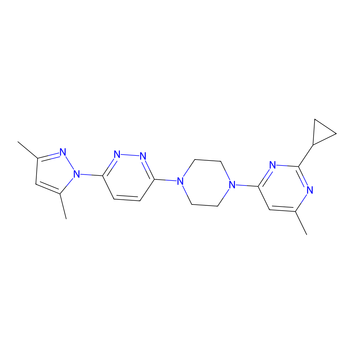 2-cyclopropyl-4-{4-[6-(3,5-dimethyl-1H-pyrazol-1-yl)pyridazin-3-yl]piperazin-1-yl}-6-methylpyrimidine molecular structure, CAS 2415501-94-7
